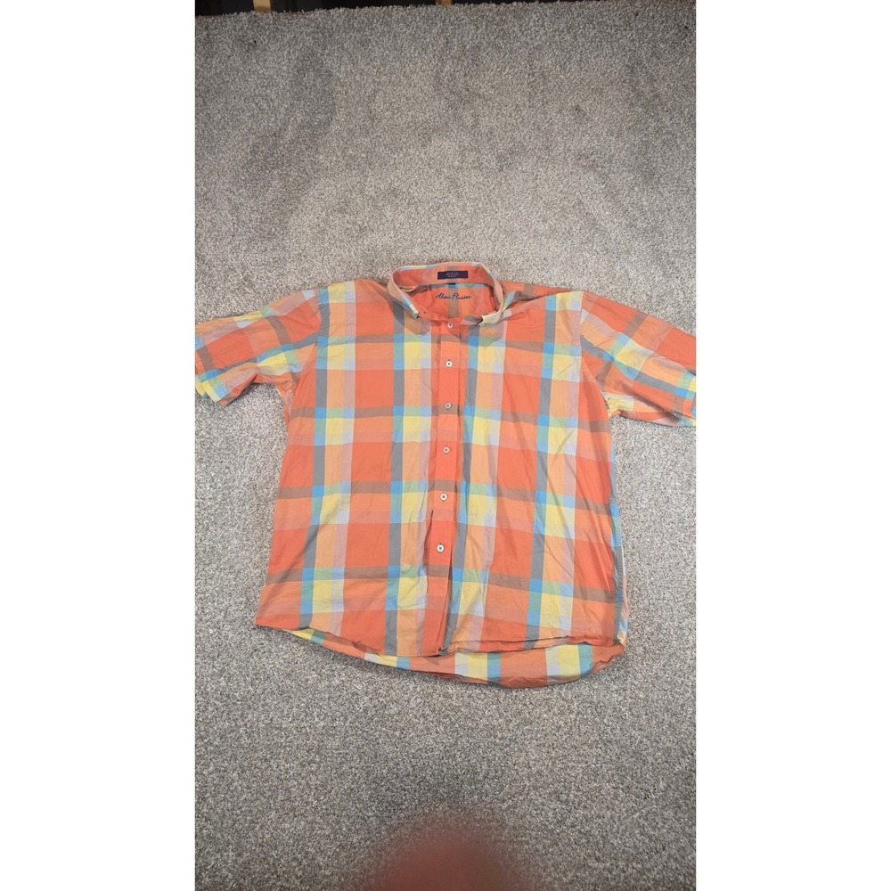 Alan Flusser Mens XL Short Sleeve Button Down Shirt Orange Blue Plaid Cotton